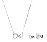 PANDORA Ensemble de bijoux pour femme : collier argenté scintillant avec boucles d'oreilles assorties, symbole de l'éternité 68323