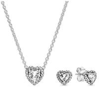PANDORA Ensemble de bijoux pour femme: collier et boucles d'oreilles en forme de cœur en relief, argent et zirconiums cubiques étincelants, idée cadeau romantique 28510