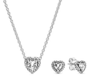 PANDORA Ensemble de bijoux pour femme: collier et boucles d'oreilles en forme de cœur en relief, argent et zirconiums cubiques étincelants, idée cadeau romantique 28510