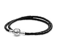 Pandora Bracelet Icons en cuir argenté, double, noir – D3