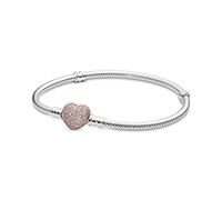 Pandora Icons Bracelet maille serpent à fermoir Cœur pavé en forme de cœur en métal plaqué or rose 14 carats et zircones cubiques transparentes