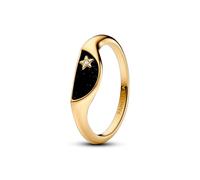 Pandora ME Bague chevalière en métal plaqué or 14 carats avec zircones cubiques transparentes et émail noir scintillant, taille 58