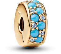 Pandora Moments 763902C01 Breloque à clip en argent sterling plaqué or 14 carats avec cristaux bleu glacé et bleu capri compatible avec pendentif Moments, 10,5x10,9x4,8 mm, Argent sterling, Pas de