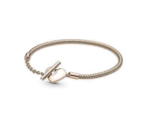 Pandora Moments Bracelet maille serpent Cœur en métal plaqué or rose 14 carats, fermoir en T, 18