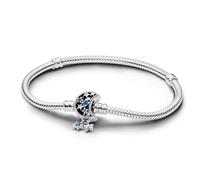 Pandora Moments Bracelet maille serpent en argent sterling avec fermoir lune, cristal bleu et zircones cubiques transparentes, 21
