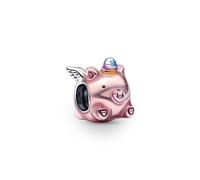 Pandora Moments Charm Cochon volant en argent sterling avec émail transparent rose clair, bleu, violet et jaune