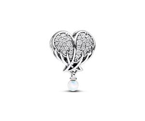 Pandora Moments Charm Cœur et Ailes d’ange en argent sterling avec zircones cubiques transparentes et opale blanche créée en laboratoire
