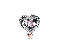 Pandora Moments Charm Cœur et inscription « Mom » (Maman) en argent sterling et métal plaqué or rose 14 carats avec zircones cubiques transparentes et roses