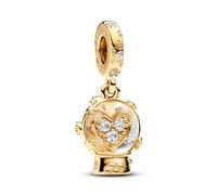 Pandora Moments Charm pendant Boule à neige Cœur en métal plaqué or 14 carats avec zircones cubiques transparentes et flocon de neige en verre de Murano