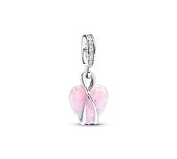 Pandora Moments Charm pendant Cœur inscription « Mom » (Maman) en argent sterling avec opale rose créée en laboratoire et zircones cubiques transparentes