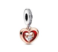 Pandora Moments Charm pendant Cœur Rayonnant Bicolore en argent sterling et métal plaqué or rose 14 carats avec zircones cubiques transparentes et émail rouge