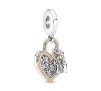 Pandora Moments Charm Pendentif double cadenas cœur Argent sterling et or rose 14 carats Zircones