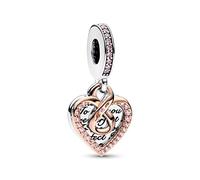 Pandora Moments Charm pendant double Cœur en argent sterling et métal plaqué or rose 14 carats avec zircones cubiques roses