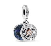 Pandora Moments Charm pendant double Étoiles filantes en argent sterling et métal plaqué or rose 14 carats avec zircones cubiques transparentes et émail bleu scintillant