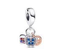 Pandora Moments Charm pendant Papillon, Cœur et Symbole de la paix en argent sterling et métal plaqué or rose 14 carats avec cristal multicolore, zircones cubiques roses et transparentes, émail bleu