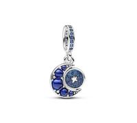 Pandora Moments Charm pendant rotatif Lune en argent sterling avec émail bleu étincelant, cristal bleu et émail bleu scintillant
