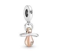 Pandora Moments Charm pendant Tétine de Bébé en argent sterling et métal plaqué or rose 14 carats avec zircones cubiques transparentes
