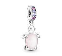 Pandora Moments Charm pendant Tortue de mer en argent sterling avec verre de Murano rose dichroïque givré et cristal violet et rose