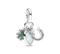 Pandora Moments Charm pendant Trèfle à quatre feuilles, Cœur et Fer à Cheval en argent sterling avec zircones cubiques transparentes, cristal vert et opale blanche créée en laboratoire