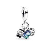 Pandora Moments Charm pendant triple Appareil photo, Cœur et Boussole en argent sterling avec zircones cubiques transparentes, émail noir, bleu transparent et vert