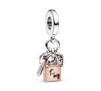 Pandora Moments Charm pendant Triple Clé, Cadenas & Cœur Bicolore en argent sterling et métal plaqué or rose 14 carats avec zircones cubiques transparentes et émail noir