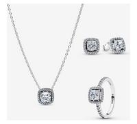 Pandora Parure Collier, Boucles d'Oreilles & Bague Halo Carré one size