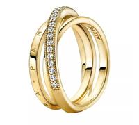 Pandora Signature Bague anneau triple croisé Pavé en métal plaqué or 14 carats avec zircones cubiques transparentes, taille 56