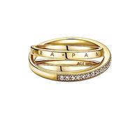Pandora Signature Bague anneau triple croisé Pavé en métal plaqué or 14 carats avec zircones cubiques transparentes, taille 52