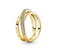 Pandora Signature Bague anneau triple croisé Pavé en métal plaqué or 14 carats avec zircones cubiques transparentes, taille 50