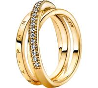 Pandora Signature Bague anneau triple croisé Pavé en métal plaqué or 14 carats avec zircones cubiques transparentes, taille 60