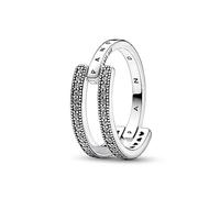 Pandora Signature Bague double Logo et Pavé en argent sterling avec zircones cubiques transparentes, taille 54