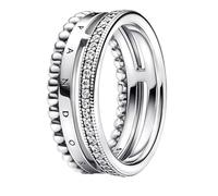Pandora Signature Bague Logo Pavé et motif perles en argent sterling avec zircones cubiques transparentes, taille 52