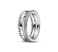 Pandora Signature Bague Logo Pavé et motif perles en argent sterling avec zircones cubiques transparentes, taille 50