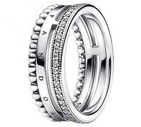 Pandora Signature Bague Logo Pavé et motif perles en argent sterling avec zircones cubiques transparentes, taille 54