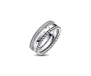Pandora Signature Bague Logo Pavé et motif perles en argent sterling avec zircones cubiques transparentes, taille 48