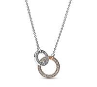 Pandora Signature Collier bicolore Cercles entrelacés en argent sterling et métal plaqué or rose 14 carats avec zircones cubiques transparentes, 45