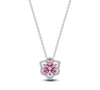 PANDORA Timeless 394576C01-45 Collier avec pendentif en forme de fleur d'herbier, en argent sterling 925 avec zircone cubique rose et transparent, chaîne pour femme, pendentif mobile, longueur 45 cm