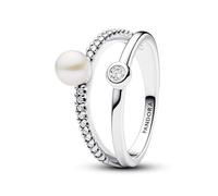 Pandora Timeless Bague en argent sterling avec perle de culture d’eau douce traitée blanche et zircones cubiques transparentes, taille 54