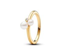 Pandora Timeless Bague en métal plaqué or 14 carats avec perle de culture d’eau douce traitée blanche et zircones cubiques transparentes, taille 52