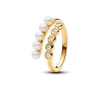 Pandora Timeless Bague ouverte en métal plaqué or 14 carats avec perle de culture d’eau douce traitée blanche et zircones cubiques transparentes, taille 58