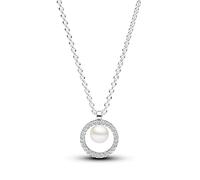 Pandora Timeless Collier en argent sterling avec perle de culture d’eau douce traitée blanche et zircones cubiques transparentes