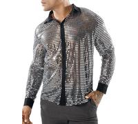 Panegy Chemise pour homme style années 70 à paillettes métalliques brillantes pour costume disco de nuit boutonné, Style1/Argent, XXL