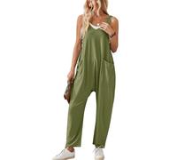 Panegy Combinaison décontractée en tricot côtelé pour femme Salopette unie sans manches avec poches Salopette Combishort Pantalon large à bretelles Pantalon Vert XL