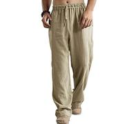 Panegy Été Pantalon Homme Lin Coton Pants Sport Yoga Running Mince Men Trousers Masculin Loisir Bas de Pyjama Élastique Kaki Étiquette XL
