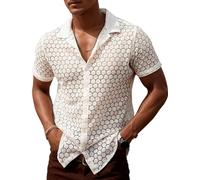 Panegy Homme Chemise Transparente Manches Courtes Haut en Dentelle Homme Chemise d'été Décontractée Buttonne Blanc XL