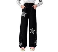 Panegy Jeans pour Enfants, Pantalon Baggy à Jambe Large, Taille Haute, élastique, déchiré, décontracté, Pantalon Droit Ample, Style rétro, Pantalon Vintage avec Poches, Noir, âge 8-9 Ans