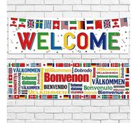 Panelee 2 Bannières de Welcome Internationales 35 x 110 cm Décorations de Bannières de Drapeaux de Pays du Monde en Polyester pour Événements Sportifs Club Anniversaire Salle de Classe (Blanc)