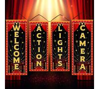 Panelee Lot de 4 bannières de porche sur le thème du film - Décorations de fête sur le thème du cinéma - Lumières de bienvenue - Caméra d'action - Panneau de porte d'entrée - Décoration à suspendre