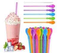pangdapengpeng 25 Pièces 2 en 1 Pailles Cuillères Reutilisable | Pailles en Plastique Cinq Couleurs avec Goupillon pour Granités, Smoothies, Milk Shakes, Bubble Tea, Cocktails