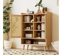 Pangshiyuan Armoire à chaussures en rotin avec 2 portes et 5 étagères, meuble de couloir avec pieds en bois massif et ouverture push-to-open, commode à chaussures en bois pour entrée, chêne, 80 x 35 x
